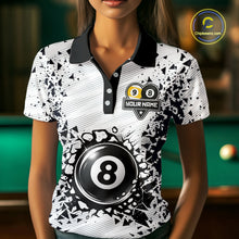 Load image into Gallery viewer, Woman wearing a funny crack 8 ball and 9 ball billiard jersey front view, custom pool team shirt.