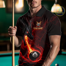 Load image into Gallery viewer, Man wearing a red dragon 8 ball pool fire billiard jersey front view, custom pool team shirt.