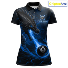 Load image into Gallery viewer, Custom dragon 8 ball pool fire billiard polo shirt for women, blue billiard team jersey with dragon flame artwork.
