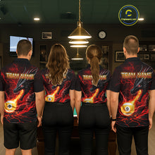 Load image into Gallery viewer, Back view of pool team wearing matching red dragon 9 ball pool fire billiard shirts.