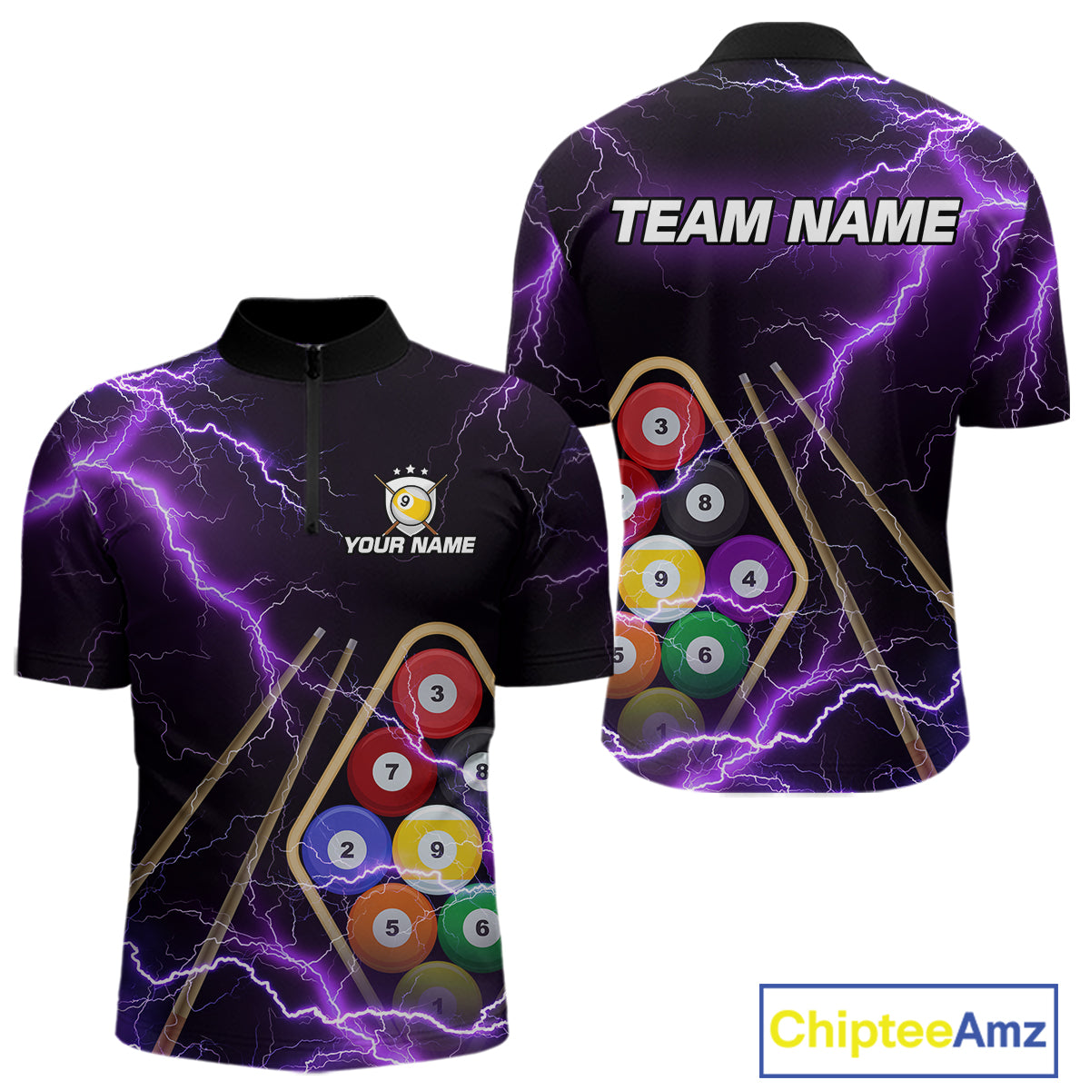 Purple 9 Ball Thunder Lightning Billiard Shirts For Men Custom Pool Team Jersey Polo & 1/4 Zip TDM5979
