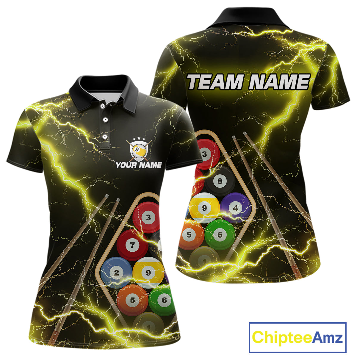 Yellow 9 Ball Thunder Lightning Billiard Shirts For Women Custom Pool Team Jersey Polo & 1/4 Zip TDM5980