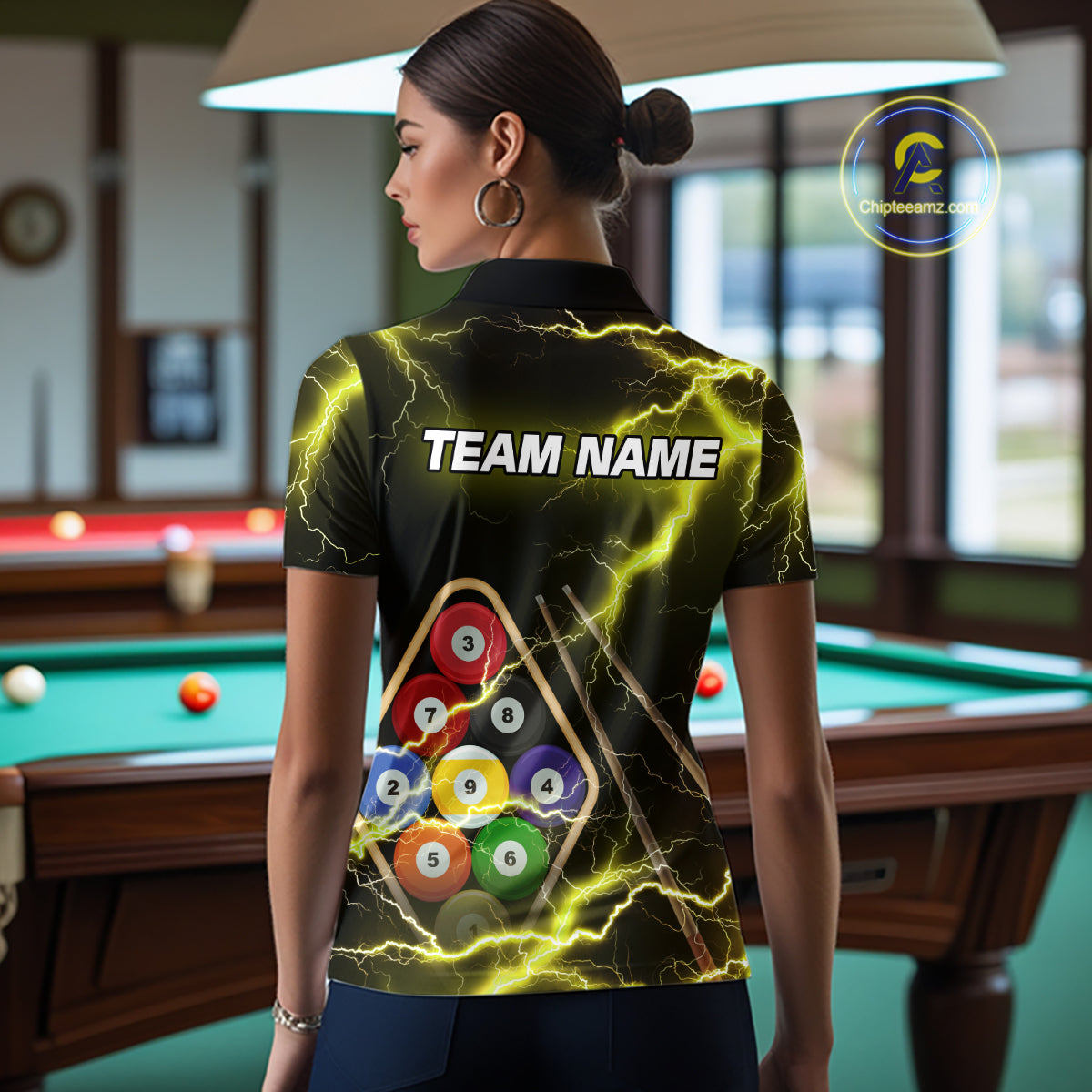 Yellow 9 Ball Thunder Lightning Billiard Shirts For Women Custom Pool Team Jersey Polo & 1/4 Zip TDM5980