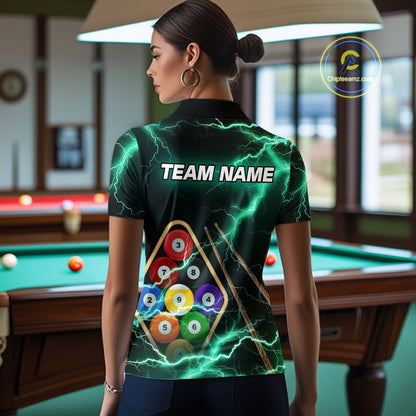 Turquoise 9 Ball Thunder Lightning Billiard Shirts For Women Custom Pool Team Jersey Polo & 1/4 Zip TDM5981