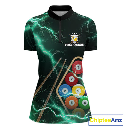 Turquoise 9 Ball Thunder Lightning Billiard Shirts For Women Custom Pool Team Jersey Polo & 1/4 Zip TDM5981