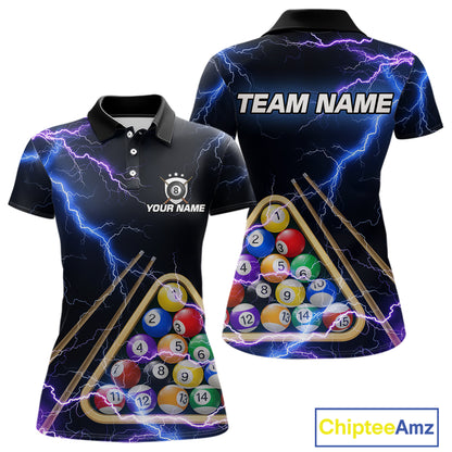 Blue Purple 8 Ball Thunder Lightning Billiard Shirt For Women Custom Pool Team Jersey Polo, 1/4 Zip TDM5982