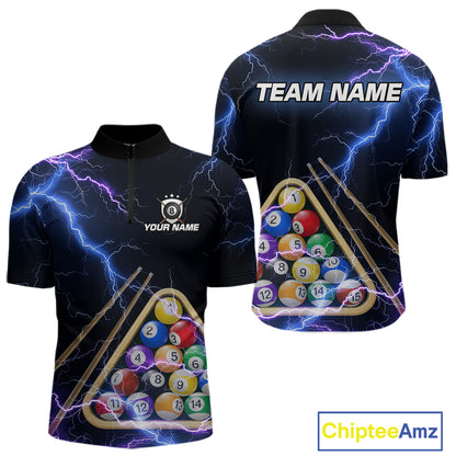 Blue Purple 8 Ball Thunder Lightning Billiard Shirt For Men Custom Pool Team Jersey Polo, 1/4 Zip TDM5982