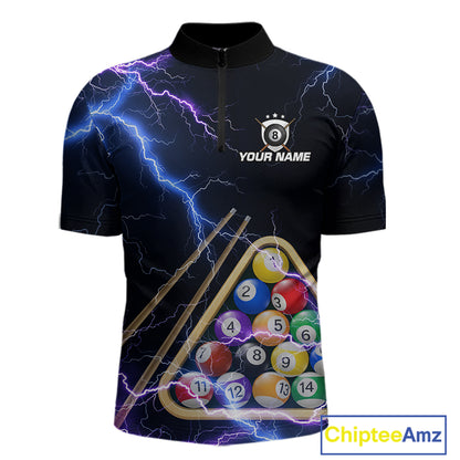 Blue Purple 8 Ball Thunder Lightning Billiard Shirt For Men Custom Pool Team Jersey Polo, 1/4 Zip TDM5982