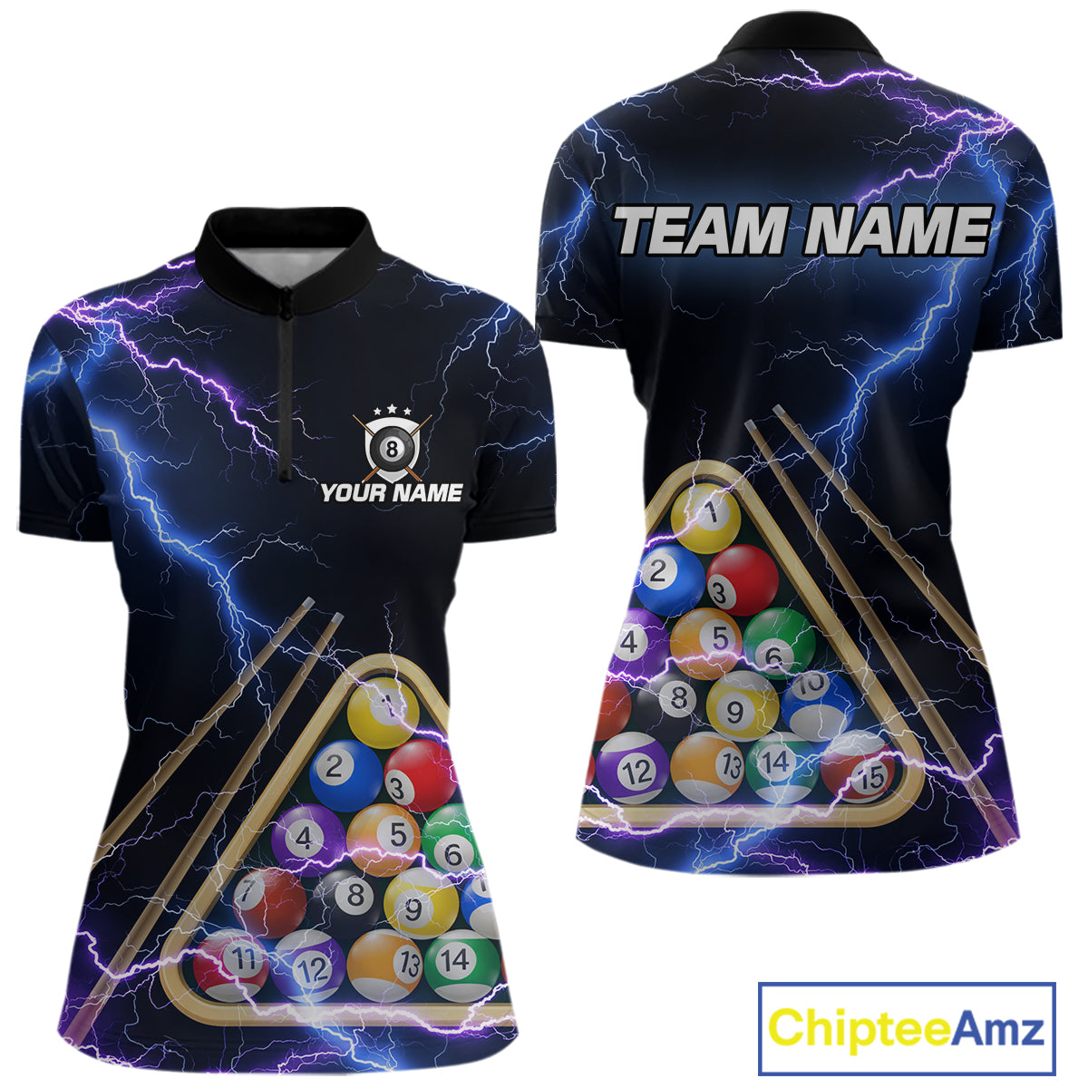 Blue Purple 8 Ball Thunder Lightning Billiard Shirt For Women Custom Pool Team Jersey Polo, 1/4 Zip TDM5982