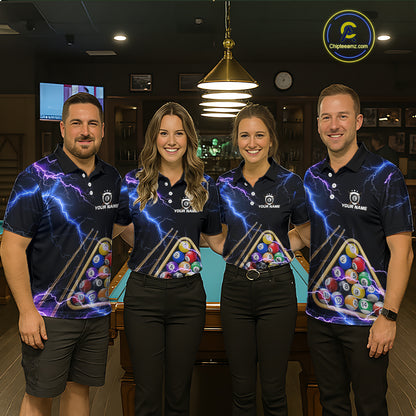 Blue Purple 8 Ball Thunder Lightning Billiard Shirt For Men Custom Pool Team Jersey Polo, 1/4 Zip TDM5982