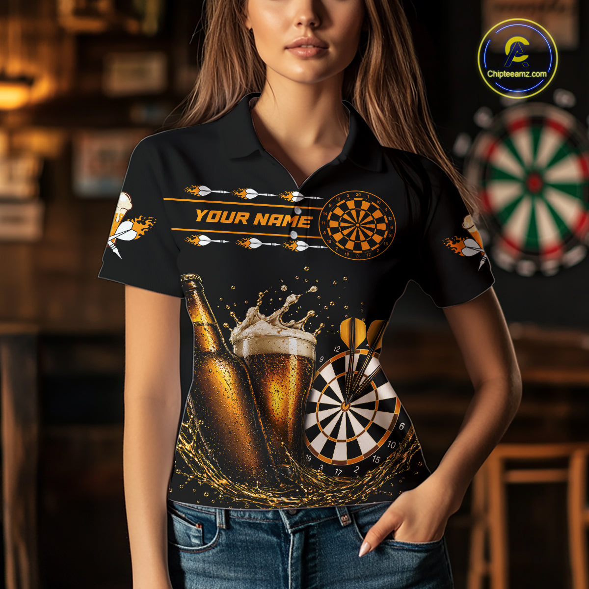 Custom Yellow Funny Dartboard Beer Darts Shirt For Women, Darts Team Jersey Polo & Quarter Zip TDM6453