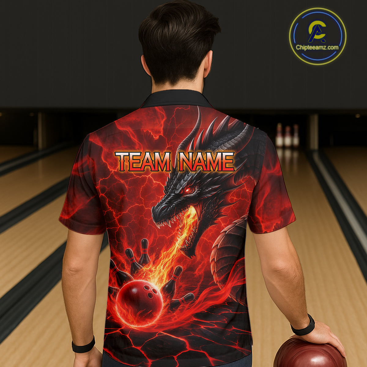 Back view of man wearing personalized dragon bowling Hawaiian shirt with red fire flame design.