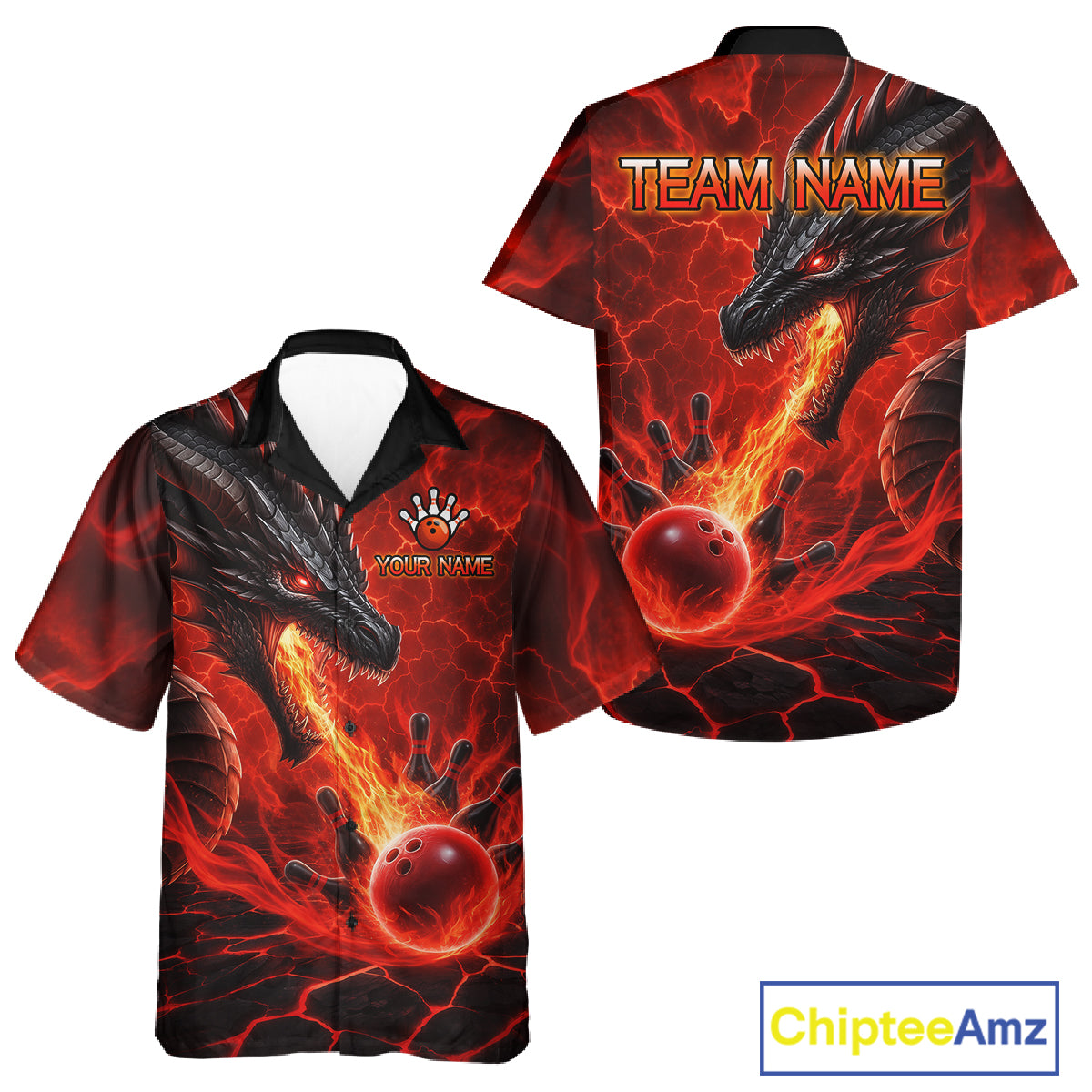 Personalized dragon bowling Hawaiian shirt with red fire flame design, custom bowling league team shirt for men.