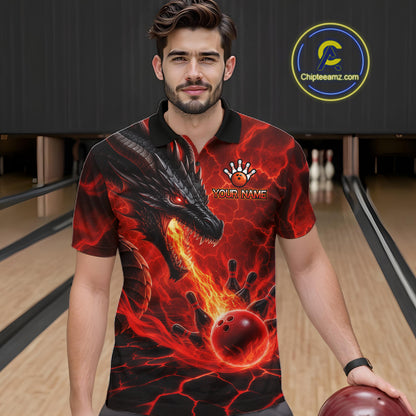 Man wearing dragon fire flame red bowling polo shirt front view.