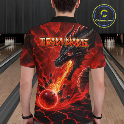 Man wearing dragon fire flame red bowling polo shirt back view.