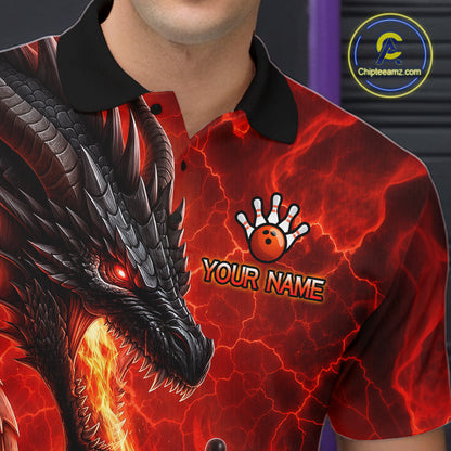 Close up of dragon fire flame red bowling polo shirt collar, buttons and chest design.