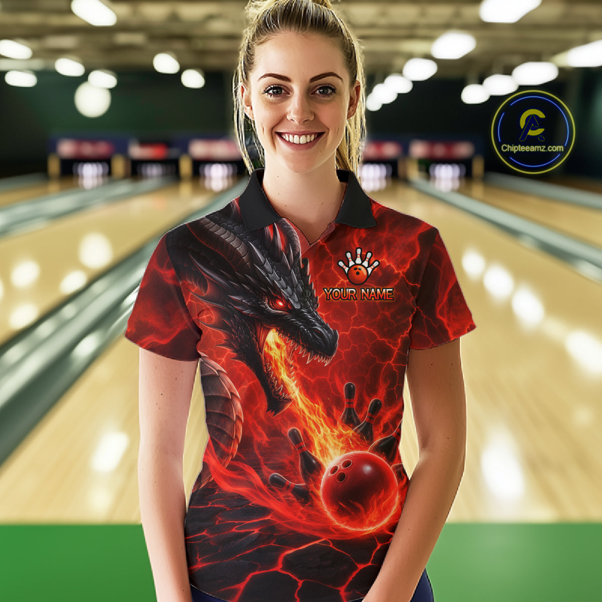 Woman wearing dragon fire flame red bowling polo shirt front view.