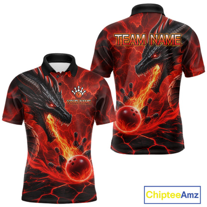 Dragon fire flame red bowling team polo shirt for men with dragon artwork.