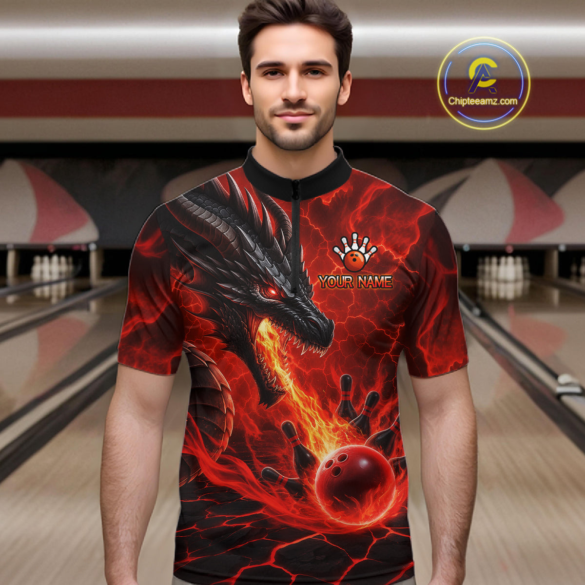 Man wearing dragon fire flame red bowling quarter zip shirt front view.