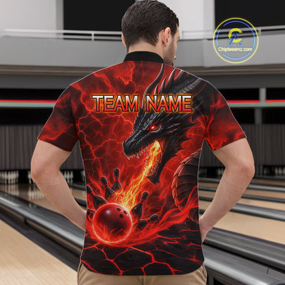 Man wearing dragon fire flame red bowling quarter zip shirt back view.
