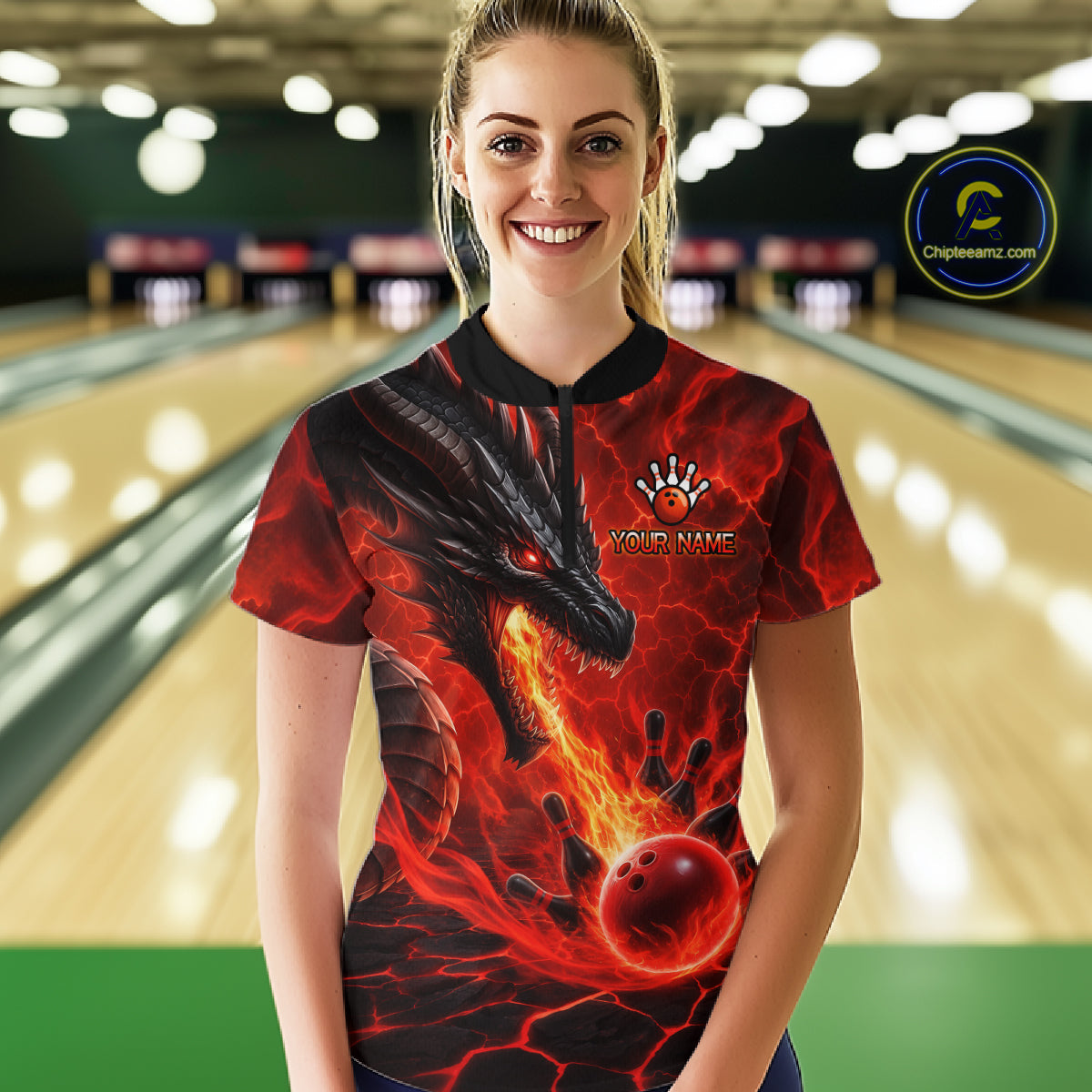 Woman wearing dragon fire flame red bowling quarter zip shirt front view.