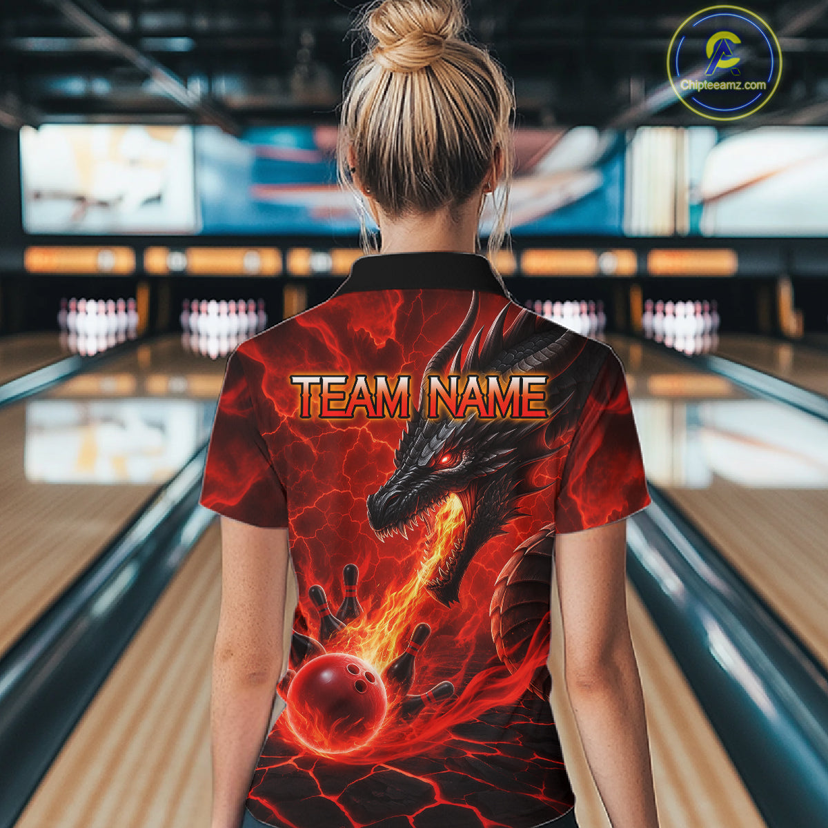 Woman wearing dragon fire flame red bowling polo shirt back view.
