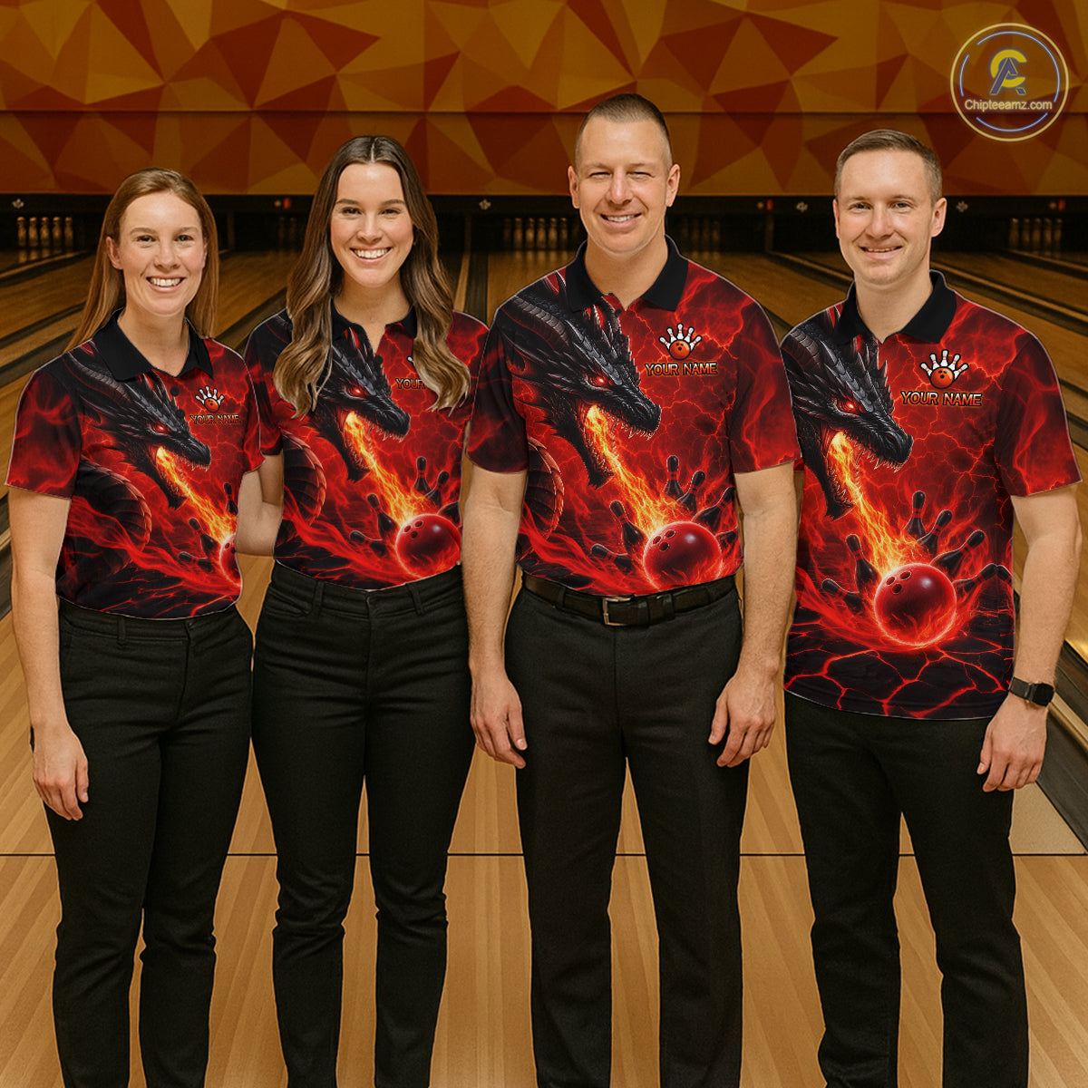 Bowling team wearing matching dragon fire flame red jerseys front view.