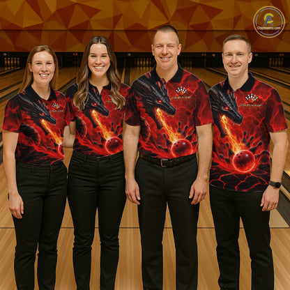 Bowling team wearing matching dragon fire flame red jerseys front view.