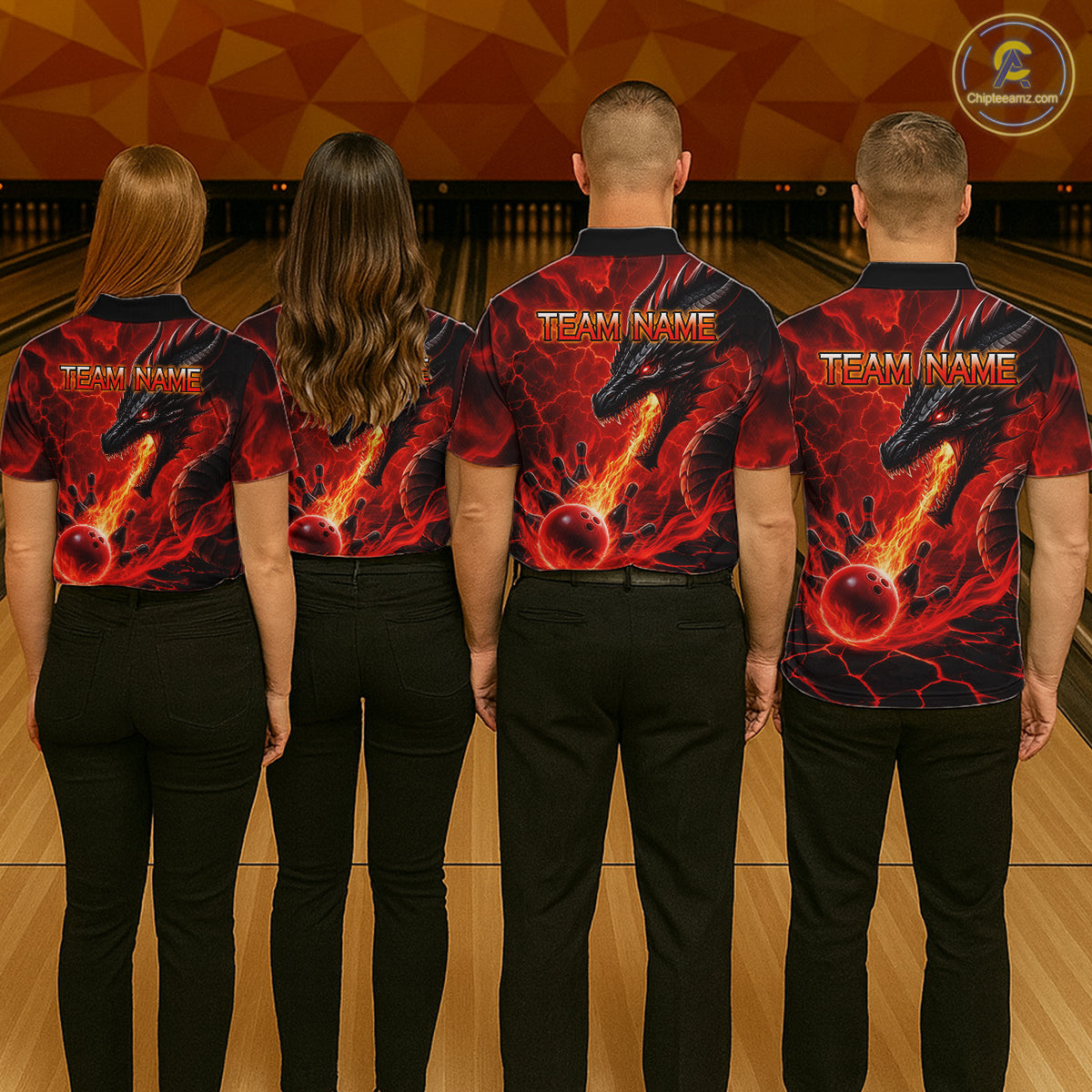 Bowling team wearing matching dragon fire flame red jerseys back view.