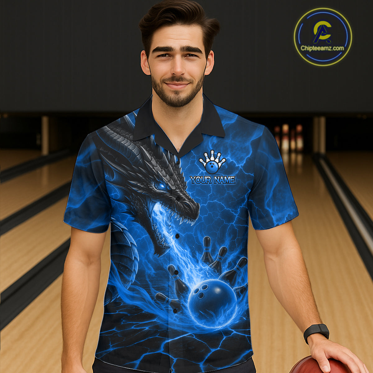 Man wearing personalized dragon bowling Hawaiian shirt with blue fire flame design front view.