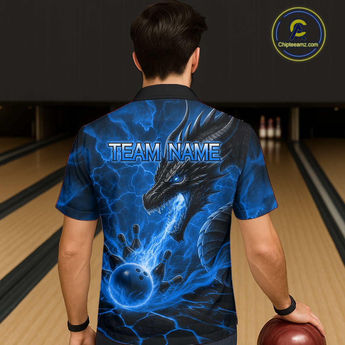 Back view of man wearing personalized dragon bowling Hawaiian shirt with blue fire flame design.