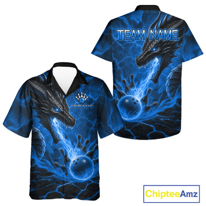 Personalized dragon bowling Hawaiian shirt with blue fire flame design, custom bowling league team shirt for men.