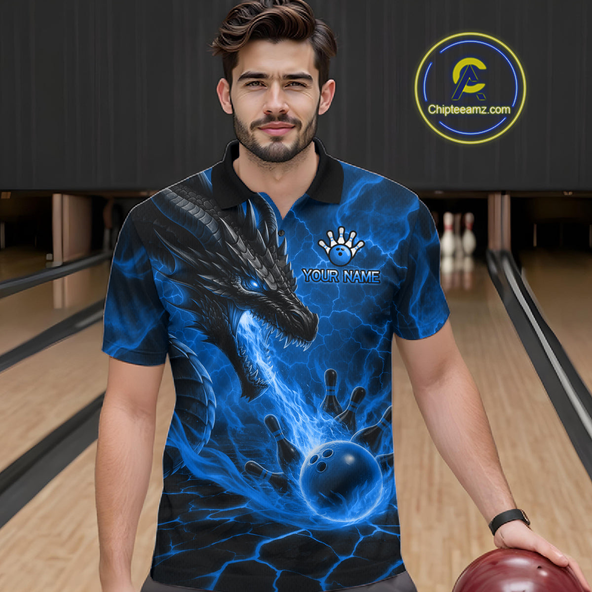 Man wearing dragon fire flame blue bowling polo shirt front view.