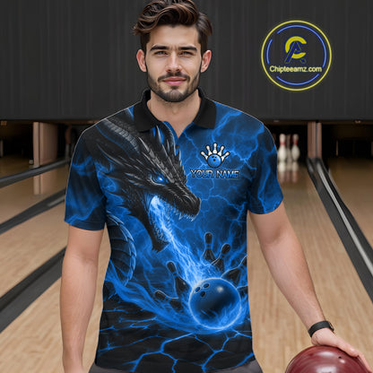 Man wearing dragon fire flame blue bowling polo shirt front view.