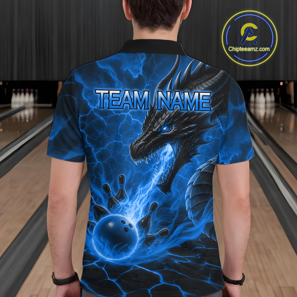 Man wearing dragon fire flame blue bowling polo shirt back view.