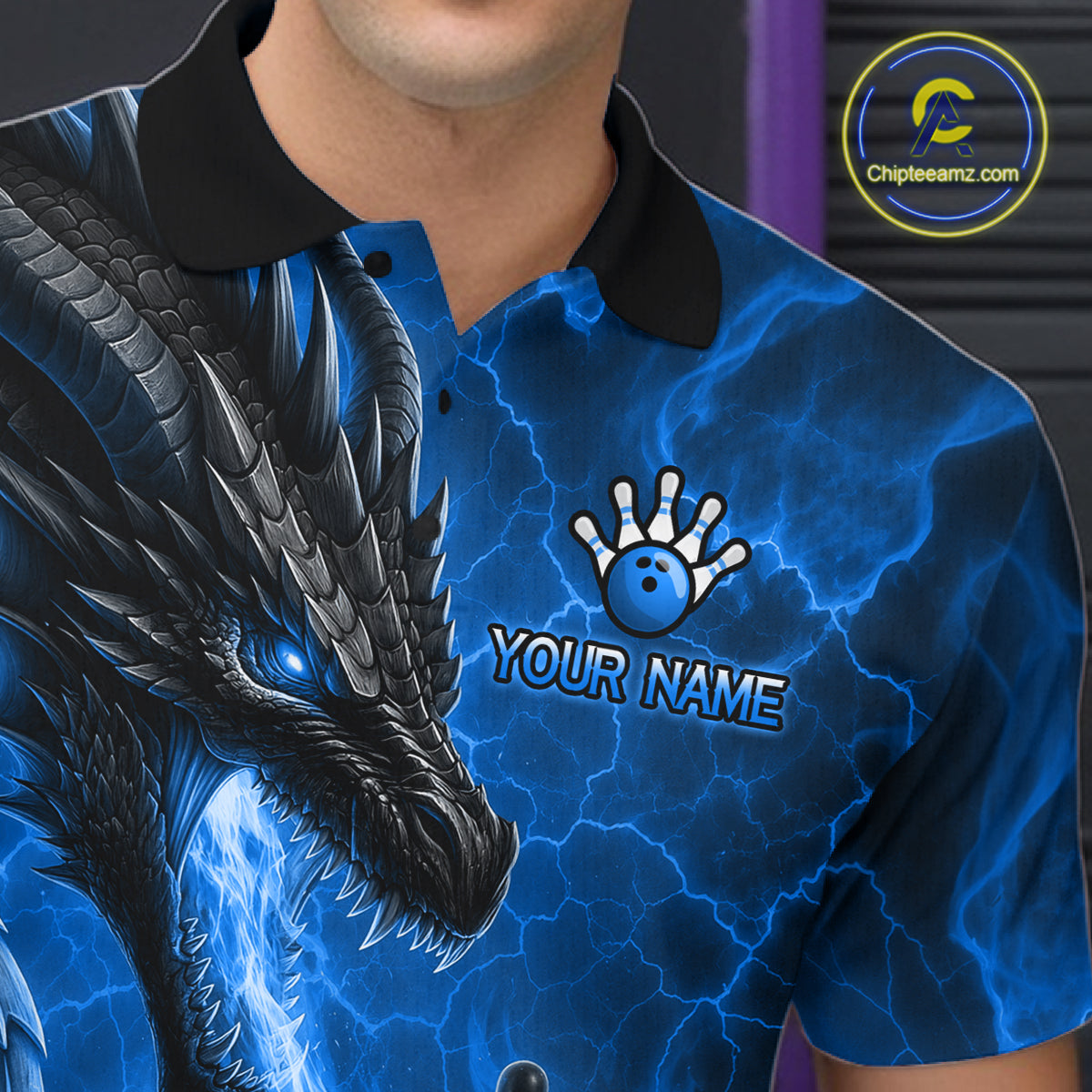Close up of dragon fire flame blue bowling polo shirt collar, buttons and chest design.