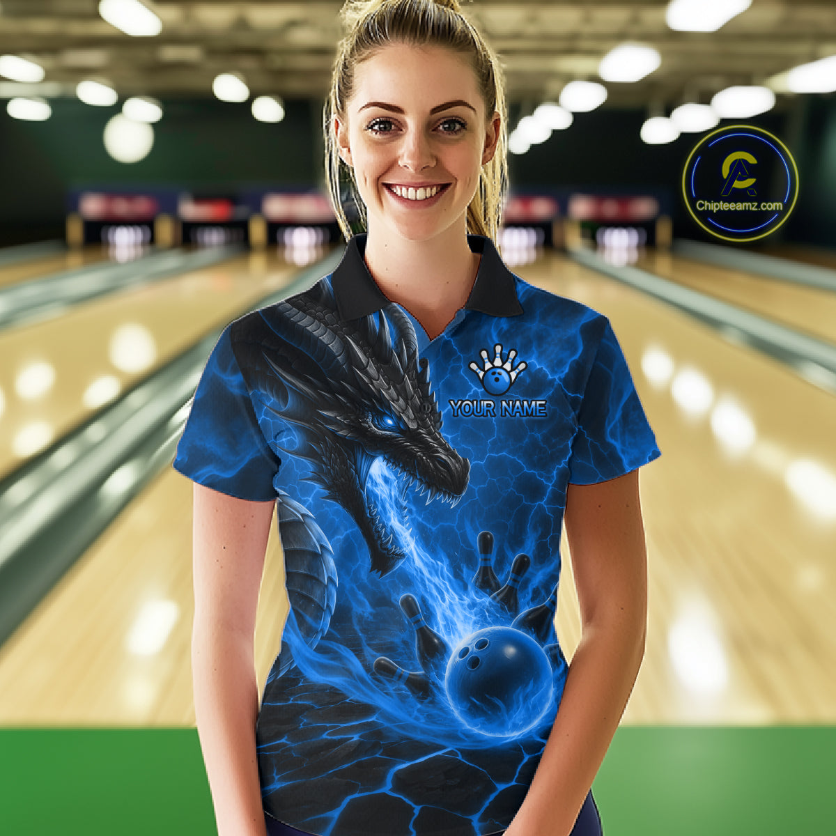Woman wearing dragon fire flame blue bowling polo shirt front view.