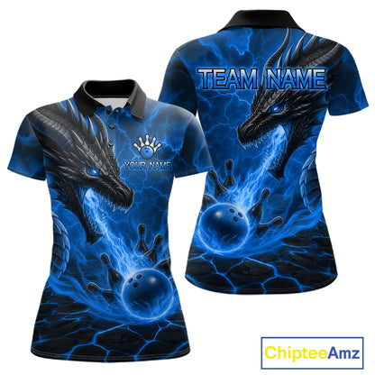 Dragon fire flame blue bowling team polo shirt for women with dragon artwork.