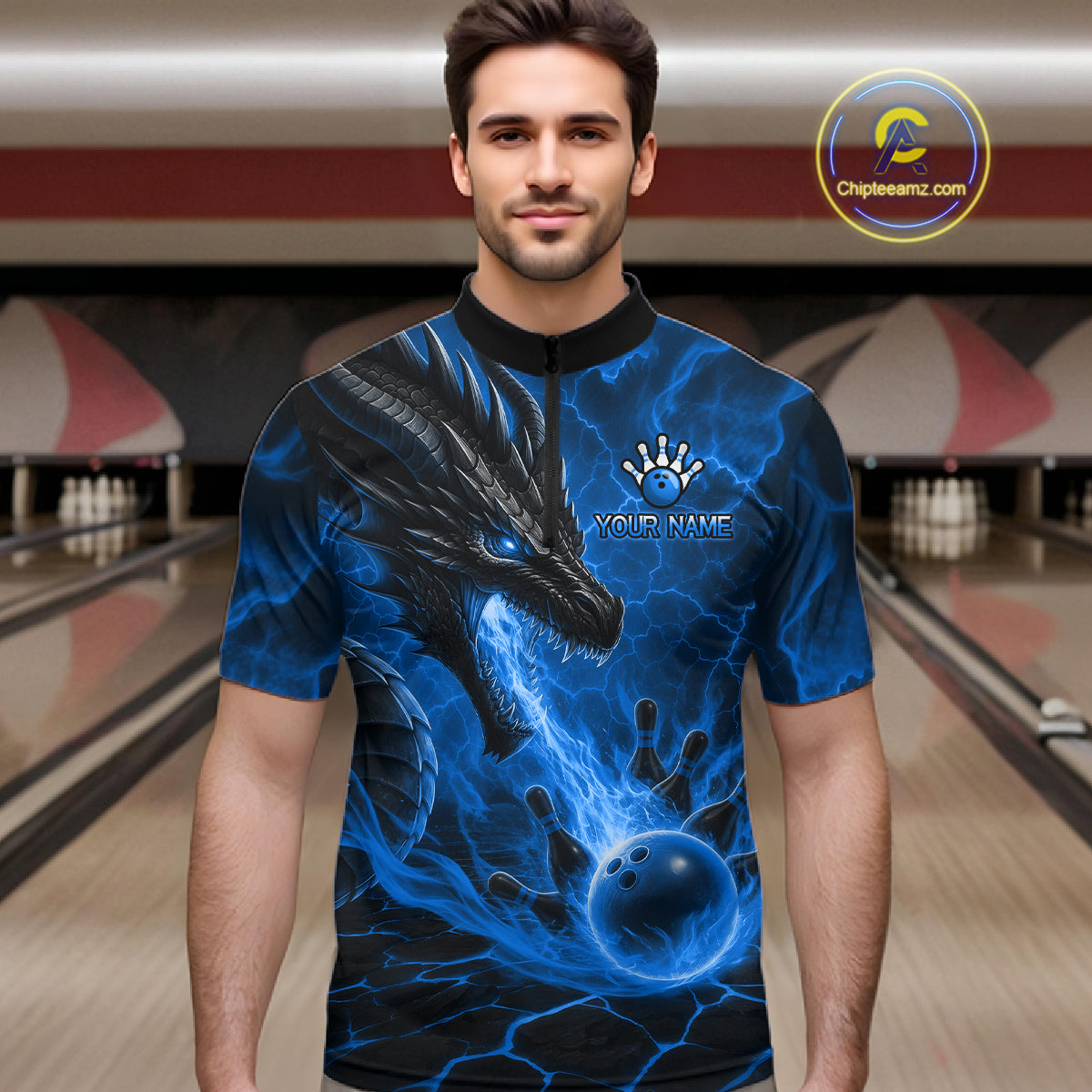 Man wearing dragon fire flame blue bowling quarter zip shirt front view.