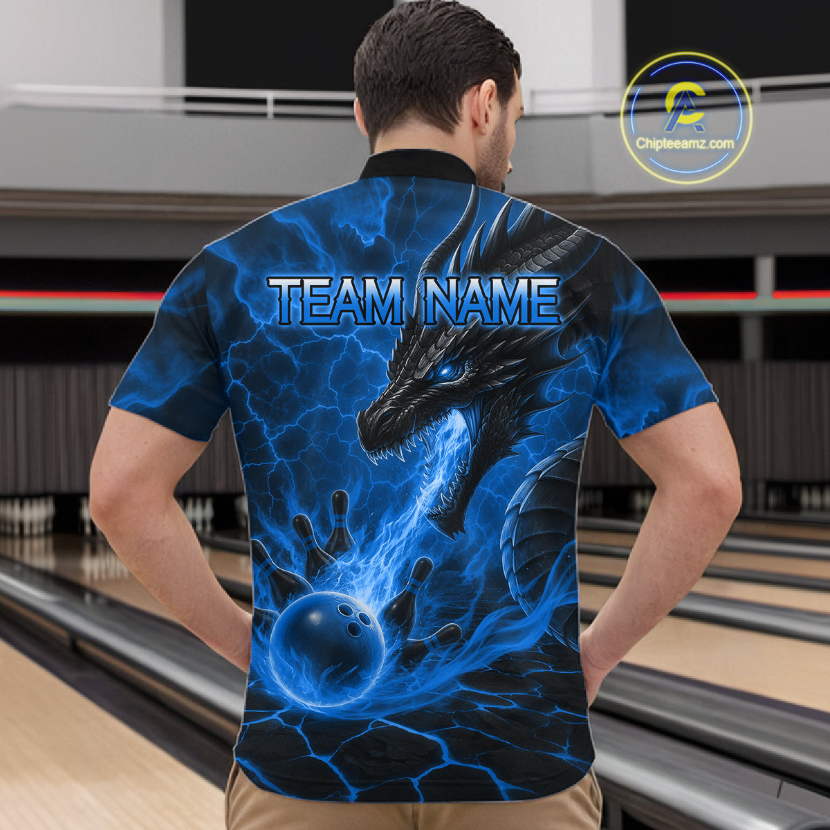 Man wearing dragon fire flame blue bowling quarter zip shirt back view.