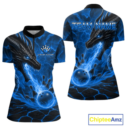 Dragon fire flame blue bowling quarter zip shirt for women, custom bowling league jersey.