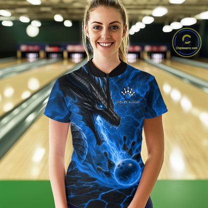 Woman wearing dragon fire flame blue bowling quarter zip shirt front view.