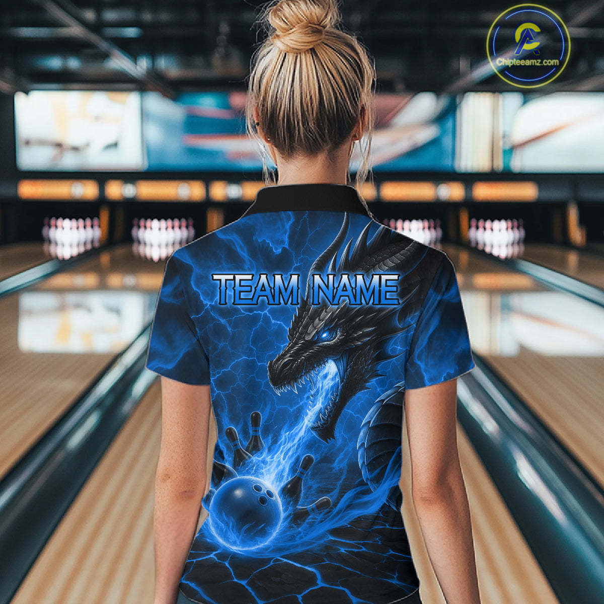 Woman wearing dragon fire flame blue bowling polo shirt back view.