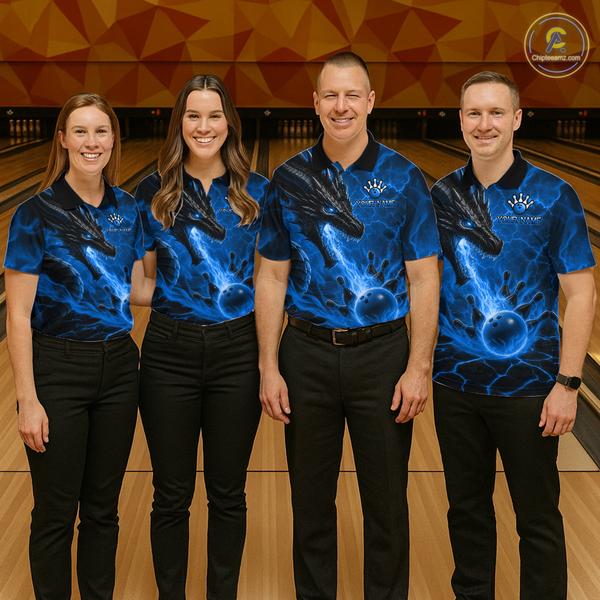 Bowling team wearing matching dragon fire flame blue jerseys front view.