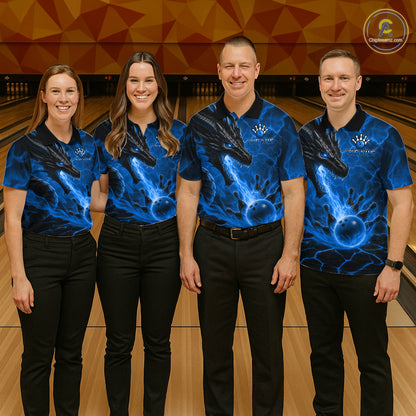 Bowling team wearing matching dragon fire flame blue jerseys front view.