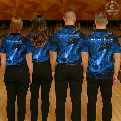 Bowling team wearing matching dragon fire flame blue jerseys back view.