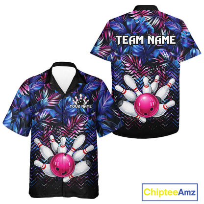 Blue And Pink Tropical Floral Bowling Hawaiian Shirt For Men Women Custom Bowling Team Jersey TDM6222