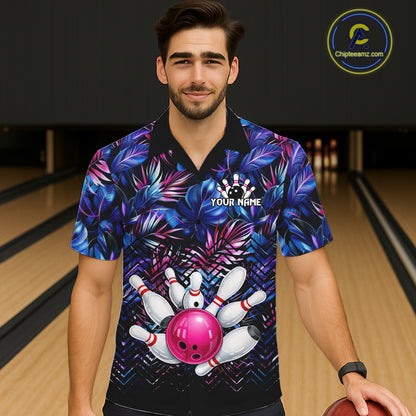 Blue And Pink Tropical Floral Bowling Hawaiian Shirt For Men Women Custom Bowling Team Jersey TDM6222