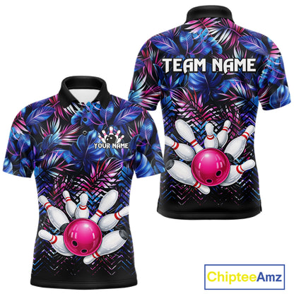 Custom Blue And Pink Tropical Floral Bowling Shirt For Men, Bowling Team Jersey Polo & 1/4 Zip TDM6222