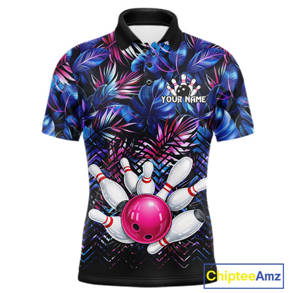 Custom Blue And Pink Tropical Floral Bowling Shirt For Men, Bowling Team Jersey Polo & 1/4 Zip TDM6222